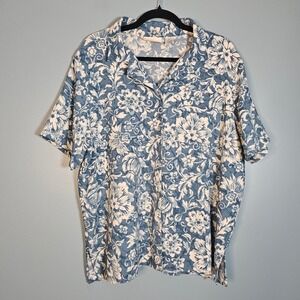 Alfred Dunner Women's Floral Print Button Up Blouse Top 20W Blue White